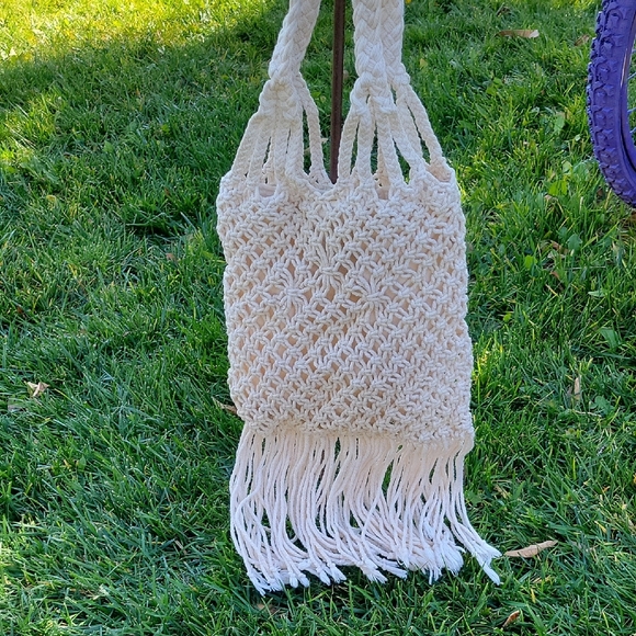 Raphl Lauren-Polo Jeans Co.Cream Macrame Boho Tote Bag - Picture 2 of 7